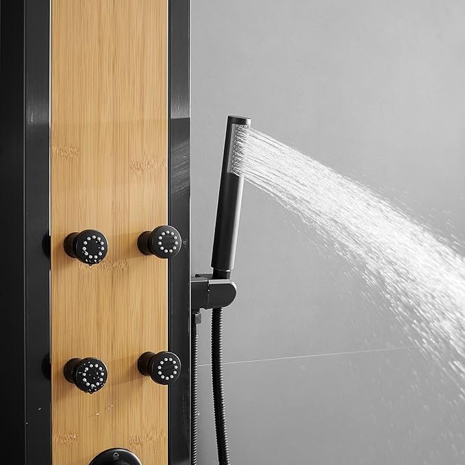 BWE Shower Massage Panel Black 8-Jet Multifunction Shower Panel System Bamboo Wood and Stainless Steel Panel with Handheld Wand Wall Mount Shower Column