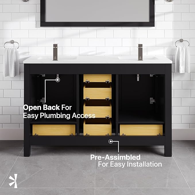 Eviva London 54 in. Espresso Double Sink Bath Vanity with Carrara Quartz Top and Undermount Porcelain Sinks