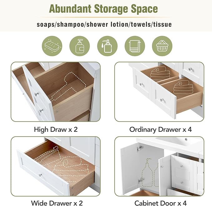 Harper & Bright Designs 72" Bathroom Vanity Set with Double Sink, Vanity Cabinet with 4 Cabinet Doors and 8 Drawers, Modern Design Solid Wood Bathroom Cabinet with Ceramic Basin for Bathroom, White