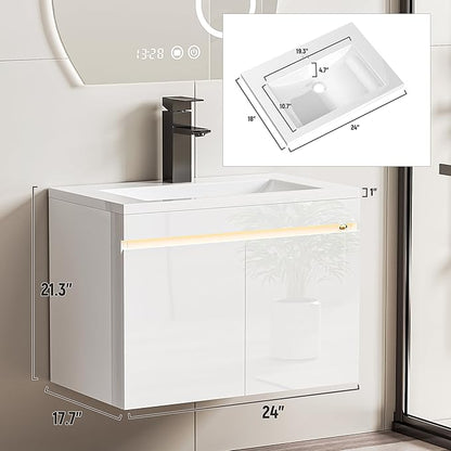 Spurgehom 24 inch Bathroom Vanity with Sink and Faucet, Floating Vanity Bathroom Cabinet with Night Light Motion Sensor, Modern Wall Mounted Bathroom Storage Cabinet, Soft-Close System, White