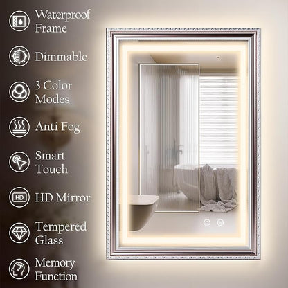 ROLOVE 23x35 Inch Bathroom Mirror with Lights, Brushed Rose Gold Frame, Anti-Fog LED Vanity Mirror for Wall, Plug-in/Hardwired, Dimmable, Tempered Glass,Wall Mirrors Decorative (Champagne Pink Hue)