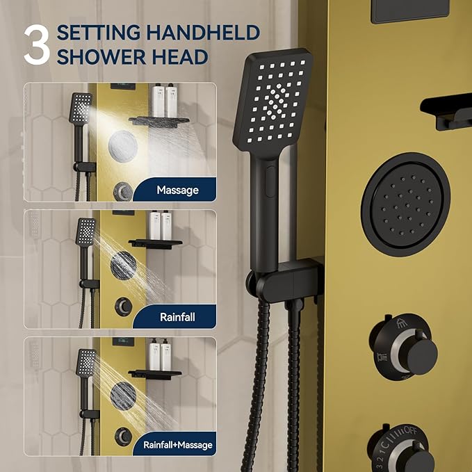 Homevacious 4 In 1 Shower Panel System with Shelf,LED Rain Shower Head and Adjustable Massage Body Jets,3 Functions Handheld Head and Tub Spout,Stainless Steel Bathroom Shower Fixtures,Polished Gold