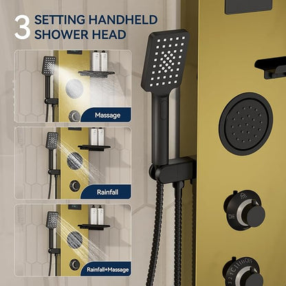 Homevacious 4 In 1 Shower Panel System with Shelf,LED Rain Shower Head and Adjustable Massage Body Jets,3 Functions Handheld Head and Tub Spout,Stainless Steel Bathroom Shower Fixtures,Polished Gold