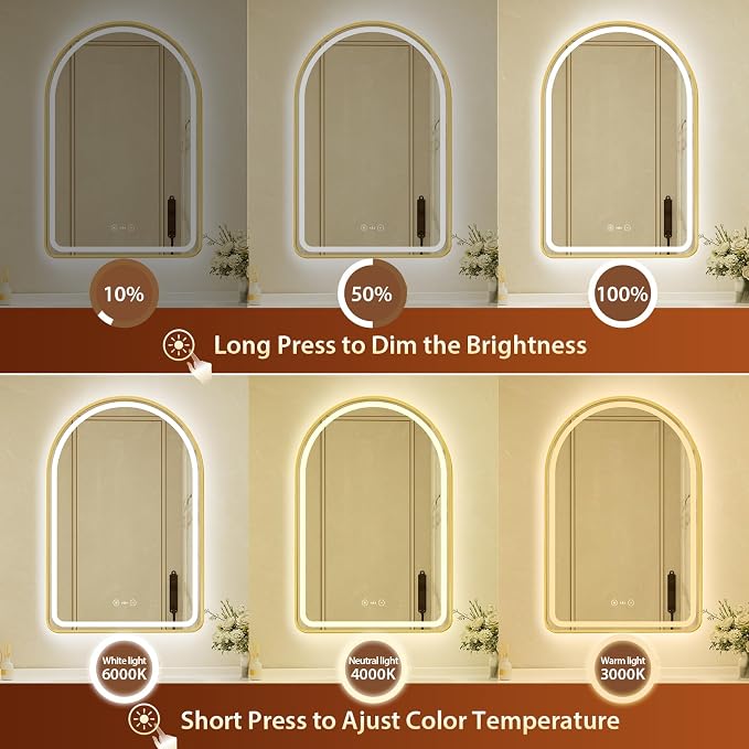 26x40 Inch Arched Gold Framed LED Bathroom Mirror with Lights,Smart Bathroom Mirror,Motion Sensor,Tempered Glass,Anti-Fog,Stepless Dimmable & 3 Colors,Memory,Vanity Mirror for Wall