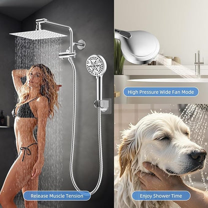 8" Metal Rainfall Shower Head with 10-Mode Handheld, Chrome | NSF/ANSI/CAN 372 Certified, High Pressure Showerhead Combo with 11" Adjustable Shower Arm, 71" Hose, Shower Head Holder
