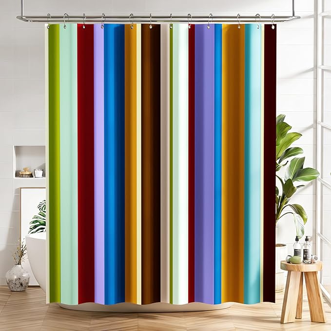 AmazerBath Colorful Vertical Stripes Shower Curtain, Cute Stripe Bathroom Shower Curtain Set with 12 Shower Curtain Hooks, Rustic Fabric Shower Curtain, 72x72 Inches
