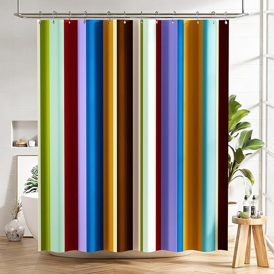 AmazerBath Colorful Vertical Stripes Shower Curtain, Cute Stripe Bathroom Shower Curtain Set with 12 Shower Curtain Hooks, Rustic Fabric Shower Curtain, 72x72 Inches