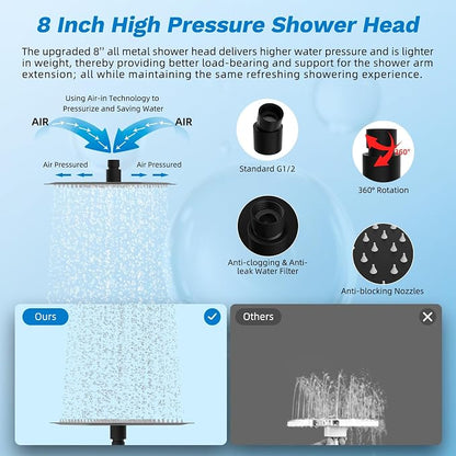 Hibbent High Pressue All Metal 8" Rainfall Shower Head, Handheld 10-Spray | cUPC Certified Matte Black Dual Showerhead Combo, 4-way Diverter with Pause Mode, Brass Extension Arm, 71'' Hose & Holder