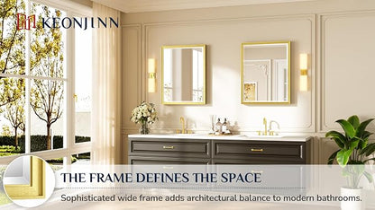 Keonjinn Brushed Gold Bathroom Mirror 24"x30", Beveled Edge Tempered Glass | Aluminum Alloy Frame Square Corner, Secure French Cleat, Anti-Rust, Transitional Style, Gold Bathroom Mirrors for Over Sink