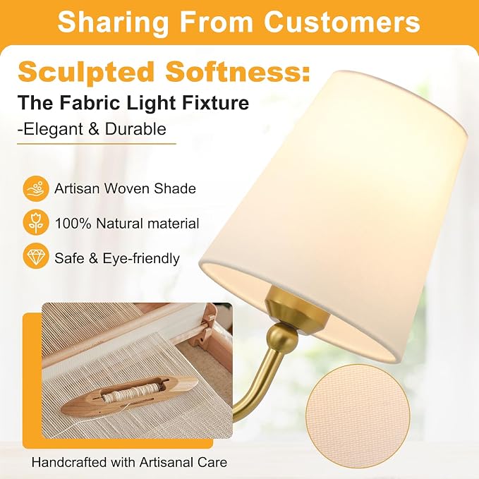 Bathroom Light Fixtures, 4-Light Brushed Gold Vanity Lights, 34" Bathroom Lighting Fixtures Over Mirror with White Flared Fabric Shade, Modern Wall Sconces for Bathroom Bedroom Living Room Hallway