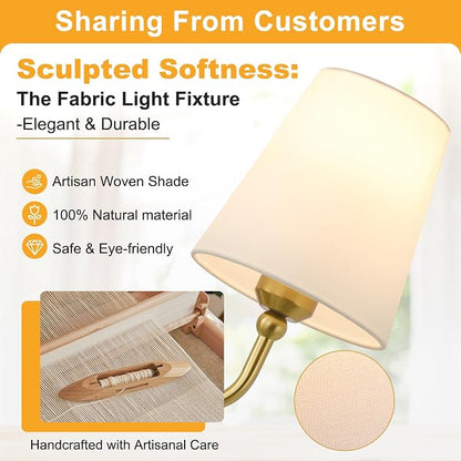 Bathroom Light Fixtures, 4-Light Brushed Gold Vanity Lights, 34" Bathroom Lighting Fixtures Over Mirror with White Flared Fabric Shade, Modern Wall Sconces for Bathroom Bedroom Living Room Hallway