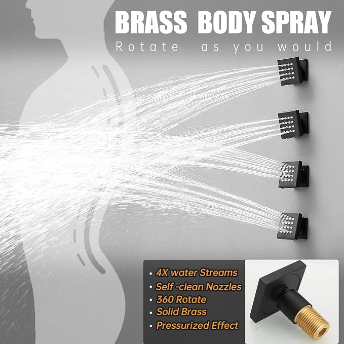 Hoimpro 12 Inch Rainfall Shower Faucet with 4 Full Body Shower Jet Fixtures Combo, Shower System Set with Rain Mixer Shower Head and Brass 2 in 1 Spray Handheld Showerhead, Wall Mounted, Matte Black