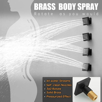 Hoimpro 12 Inch Rainfall Shower Faucet with 4 Full Body Shower Jet Fixtures Combo, Shower System Set with Rain Mixer Shower Head and Brass 2 in 1 Spray Handheld Showerhead, Wall Mounted, Matte Black