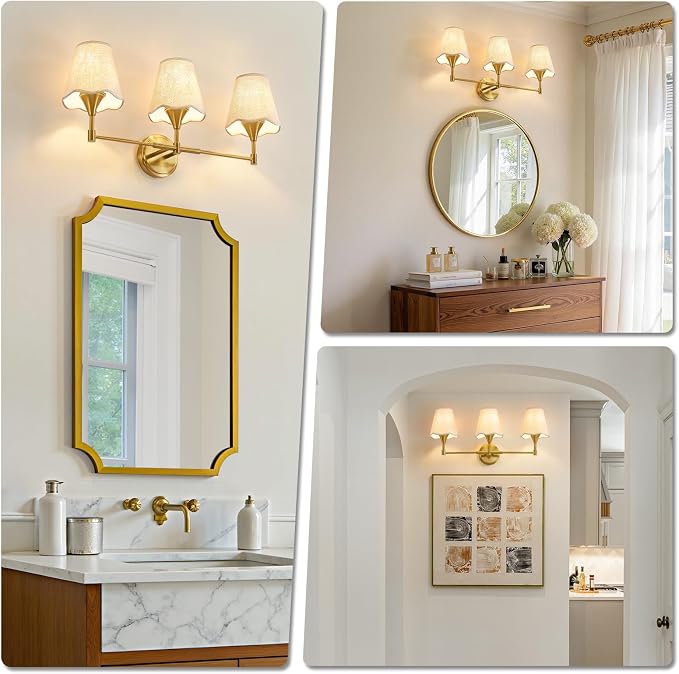 Gold Bathroom Vanity Light Fixtures: 3 Light Vanity Lighting Fixtures with Flared Fabric Shade, Brushed Gold Bathroom Lighting Fixture over Mirror, Wall Sconce Lights for Bedroom Hallway Living Room