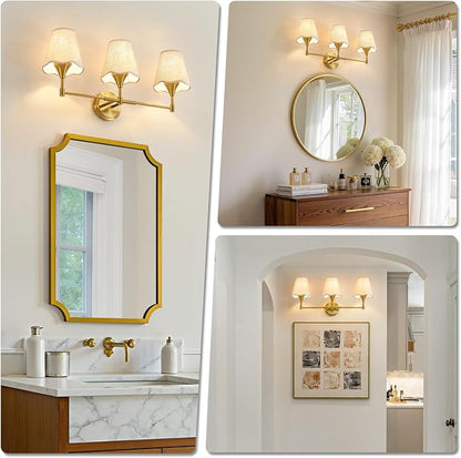 Gold Bathroom Vanity Light Fixtures: 3 Light Vanity Lighting Fixtures with Flared Fabric Shade, Brushed Gold Bathroom Lighting Fixture over Mirror, Wall Sconce Lights for Bedroom Hallway Living Room