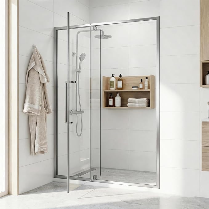 44-48" W x 72" H Semi-Frameless Pivot Swing Shower Doors, Chrome Finish | 1/4" (6mm) Clear SGCC Tempered Glass with a 24.8" walk-in opening, Reversible Installation, Magnetic Closing