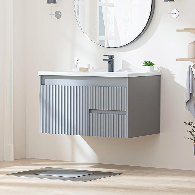 Floating Bathroom Vanity with Sink, 32 Inch Wall Mounted Bathroom Vanity with 2 Drawers and Wave-Carved Design Door, Modern Wooden Cabinet with Ceramic Sink and Storage, Grey