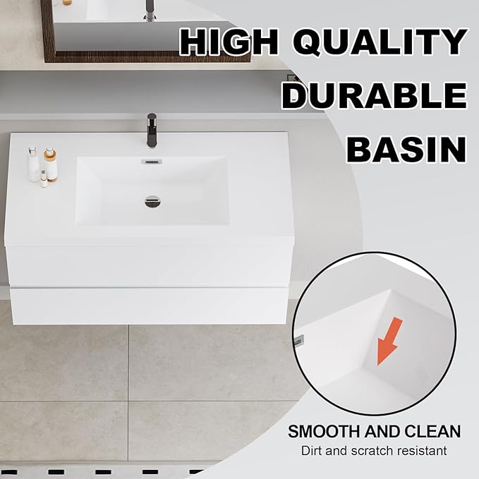 Wall Mounted 42 Inch Bathroom Vanity with Sink, Floating Vanity Bathroom, Single Sink Bathroom Vanity, 2 Drawers, Resin Integrated Sink (Glossy White)