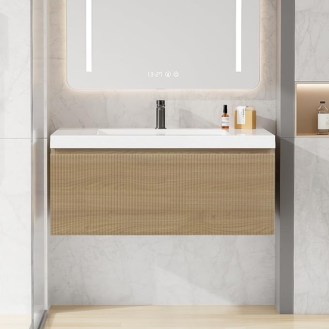 36 Inch Floating Bathroom Vanity with Sink, Modern Oak Wall Mounted Floating Vanity with Glossy Resin Sink, Soft Closing Drawer, Fully Pre Assembled Bathroom Vanity, Natural Oak