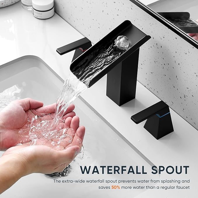 Matte Black Bathroom Faucet 3 Holes Two Handles Lavatory Vanity Sink Faucet Widespread 8 Inch Waterfall with Supply Hoses Stainless Steel