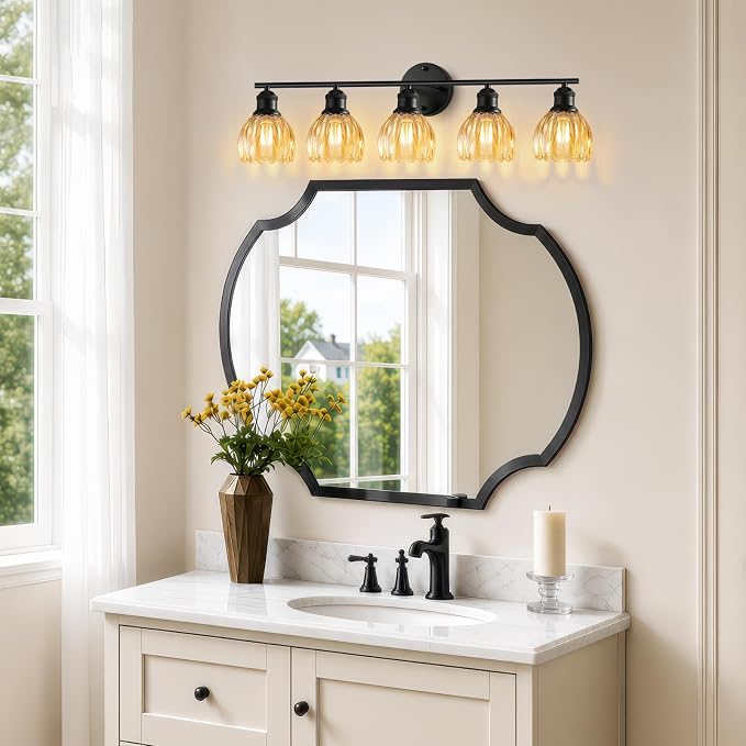 Bathroom Light Fixtures, 5-Light Brushed Black Vanity Lights for Bathroom with Amber Tulip Glass Shade, 30" Vintage Bathroom Vanity Lighting Fixtures Over Mirror for Bedroom Living Room Hallway