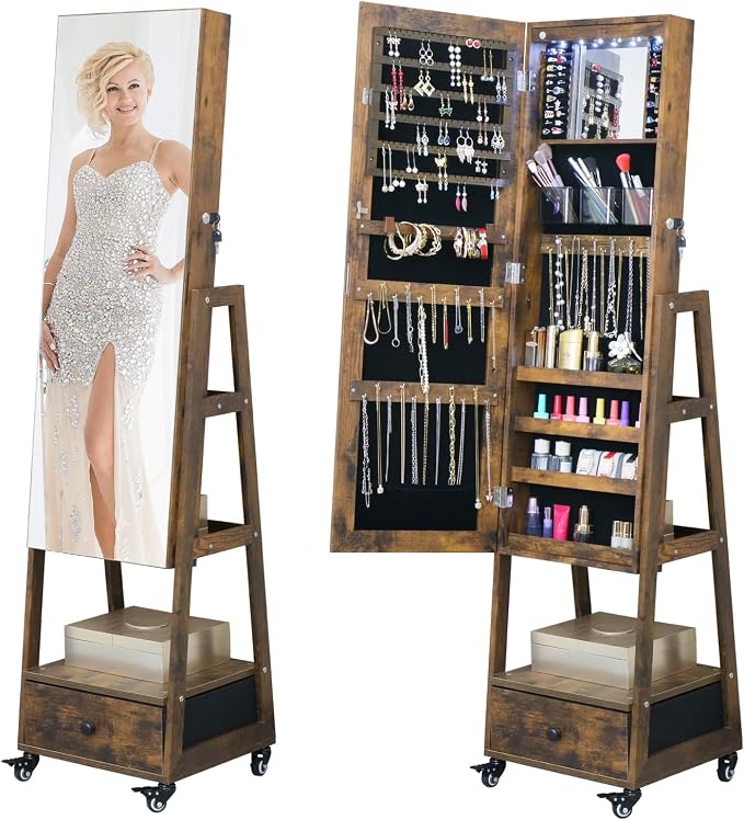Mirror Jewelry Cabinet with wheels 62 Inch Full Length Mirror with Standing Jewelry Armoire Organizer, Lockable Jewelry Storage Cabinet With Drawer