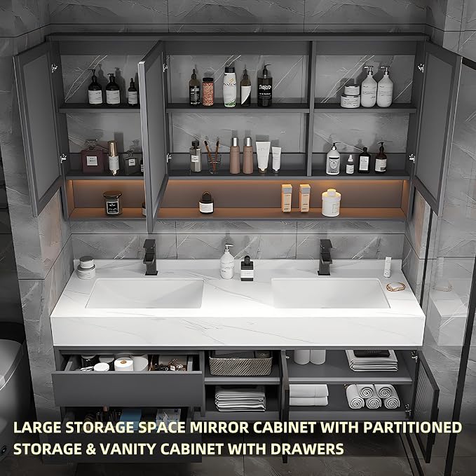 24" Floating Bathroom Vanity,Bathroom Vanity with Sink Set Includes Open LED Smart Defog Mirror Cabinet, Modern Bath Vanity with Drawers,Wall-Mounted Bathroom Vanities,Dark Grey