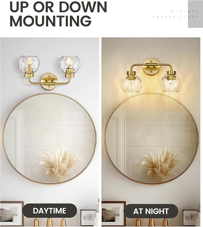 zeyu 2-Light Gold Globe Vanity Light, Water Ripple Glass, ZS62BG-2W BG-WG | Bathroom Lighting Fixtures Over Mirror, Water Ripple Globe Glass, Brushed Gold Finish, Metal And Glass Construction