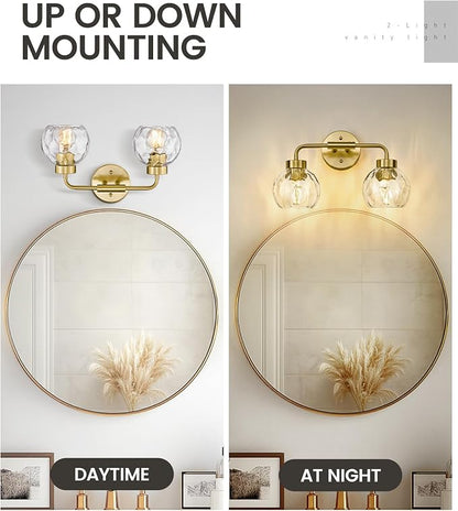 zeyu 2-Light Gold Globe Vanity Light, Water Ripple Glass, ZS62BG-2W BG-WG | Bathroom Lighting Fixtures Over Mirror, Water Ripple Globe Glass, Brushed Gold Finish, Metal And Glass Construction