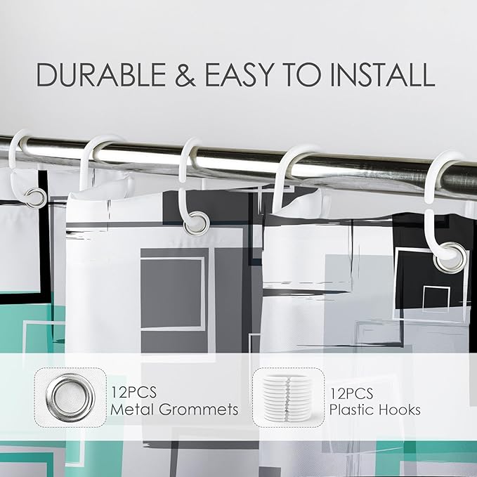 Teal Geometric Shower Curtain with Hooks Mid Century Modern Neutral Geometric Fabric Shower Curtain Modern Design Teal and Grey Pattern Abstract Bathroom Curtains Shower Set, 78Lx72W inches