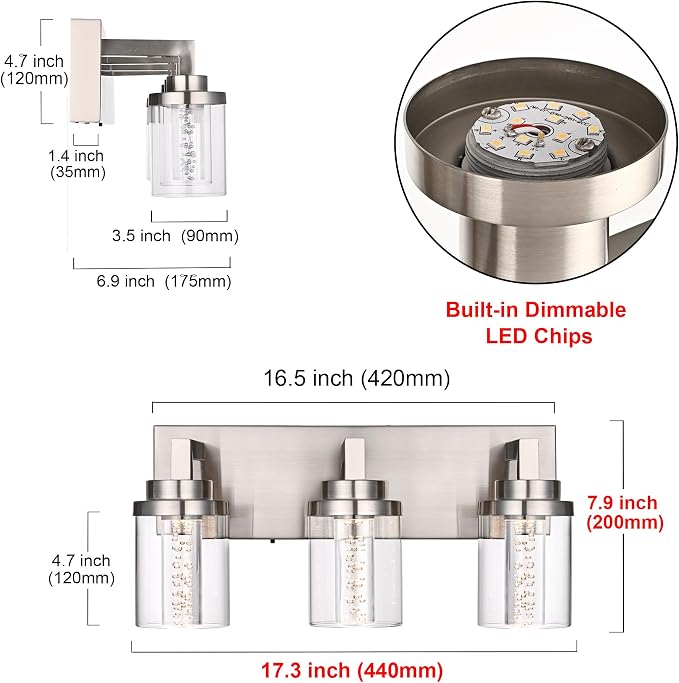 MELUCEE 3 Light Modern LED Bathroom Vanity Light Bar Brushed Nickel | Bubble Crystal Vanity Lights Over Mirror Bath Wall Light Fixture with Clear Glass Shade,5CCT Adjustable
