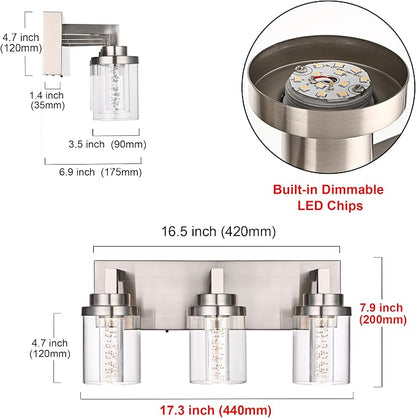 MELUCEE 3 Light Modern LED Bathroom Vanity Light Bar Brushed Nickel | Bubble Crystal Vanity Lights Over Mirror Bath Wall Light Fixture with Clear Glass Shade,5CCT Adjustable