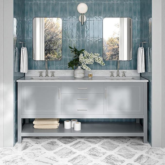 ARIEL Bayhill 72-inch Bathroom Vanity with Sink,Solid Wood, 0.75-inch Italian Carrara Marble Countertop, Double Rectangular Porcelain Sink, 2 Soft Closing Doors, 3 Dovetail Drawers, Grey