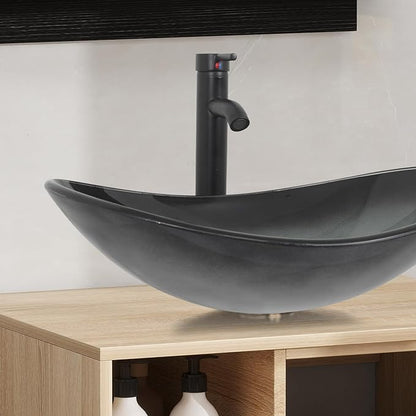YOURLITE Bathroom Vanity, Black Clear Glass Sink, Wall-Mounted, 24" Floating Bathroom Cabinet with Mirror, Shelves & Faucet