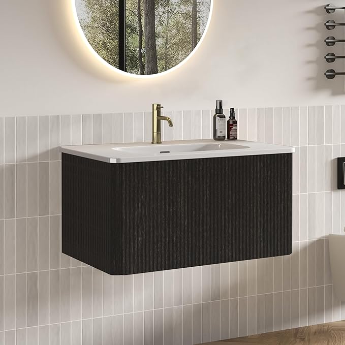 30" Floating Bathroom Vanity with Sink, Modern Wall Mounted Floating Vanity with Ceramic Sink, Push to Open Soft-Close Drawer for Apartment, Hotel, Blackish Brown Oak