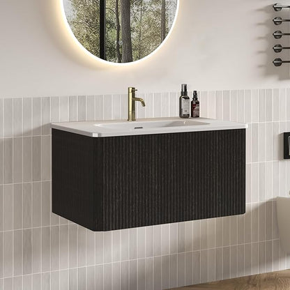 30" Floating Bathroom Vanity with Sink, Modern Wall Mounted Floating Vanity with Ceramic Sink, Push to Open Soft-Close Drawer for Apartment, Hotel, Blackish Brown Oak