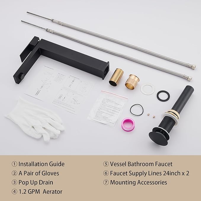 Matte Black Vessel Sink Faucet, 1 Hole Single Handle Tall Bathroom Vanity Faucets, Modern Utility Rv Laundry Bath Restroom Mixer Tap with Metal Pop Up Drain and 2 Water Supply Lines