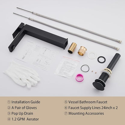 Matte Black Vessel Sink Faucet, 1 Hole Single Handle Tall Bathroom Vanity Faucets, Modern Utility Rv Laundry Bath Restroom Mixer Tap with Metal Pop Up Drain and 2 Water Supply Lines
