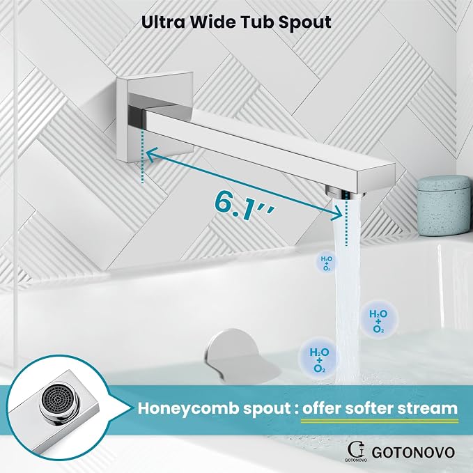 gotonovo Bathtub Shower Faucet Set, 8 Inch Shower Head, Polish Chrome | Wall Mounted Shower System with Tub Spout for Bathroom, Square High Pressure Rain Shower head with Handheld Spray, All Metal