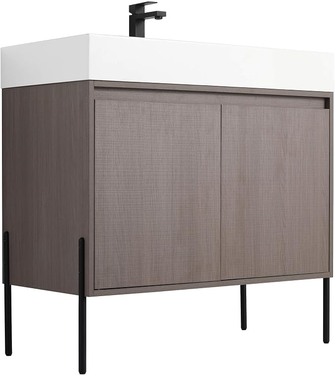Crownpoint 36 Inch Bathroom Vanity with Sink, White Sink, Gray Oak Finish, Full Assembly Required, Elegant Bathroom Vanities for Modern Homes