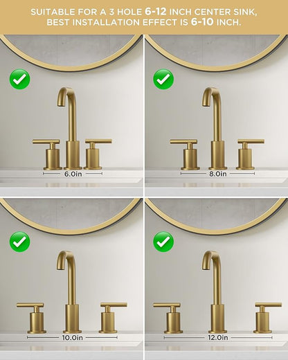 FORIOUS Brushed Gold Bathroom Sink Faucet 3 Hole, 2 Handles 8 Inch Widespread Bathroom Faucets, 360° Swivel Spout, with Pop Up Drain and Hoses, for Vanity Restroom RV Lavatory