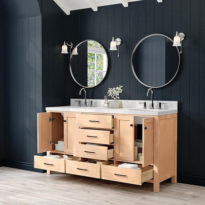 ARIEL Cambridge 66-inch Bathroom Vanity with Sink,Solid Wood, 1.5-inch Carrara White Quartz Countertop & Backsplash, Double Oval Porcelain Sink, 4 Soft Closing Doors, 6 Dovetail Drawers, White Oak