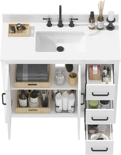 42" White Single Sink Bathroom Vanity with Top and Sink, Freestanding Modern Bath Storage Cabinet with Quartz Countertop, 3 Drawers, Soft Closing Louvered Doors, Pre-Assembled