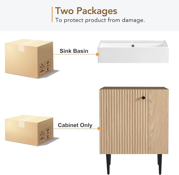 21.6 in Small Bathroom Vanity with Sink,Doors and Storage Shelves,Wood Modern Single Fluted Bathroom Sink Cabinet Freestanding (Natural Wood,Right Shelf)