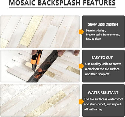 STICKGOO 2 Sheets Peel and Stick Backsplash Tile, Stick on Backsplash for Kitchen and Bathroom, Glossy Eurasian Wood Grain PVC Mixed Metal Gold Self Adhesive Wall Tiles