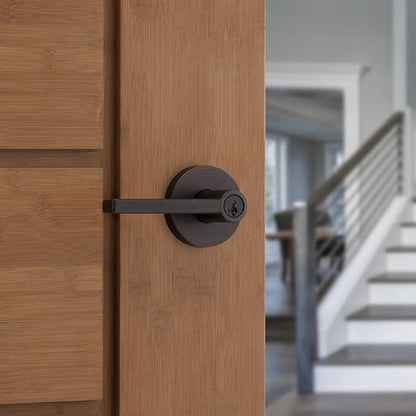 Kwikset Halifax Entry Door Handle with Lock and Key, Secure Round Keyed Reversible Lever Exterior, For Front Entrance and Bedrooms, Venetian Bronze, Pick Resistant Smartkey Rekey Security and Microban
