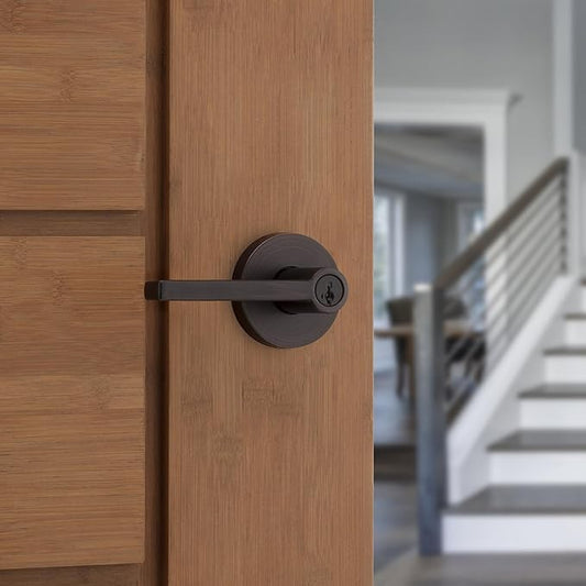 Kwikset Halifax Entry Door Handle with Lock and Key, Secure Round Keyed Reversible Lever Exterior, For Front Entrance and Bedrooms, Venetian Bronze, Pick Resistant Smartkey Rekey Security and Microban