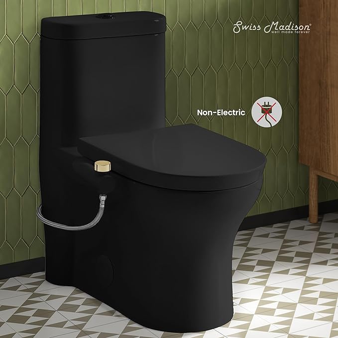 Swiss Madison Aqua Non-Electric Bidet Toilet Attachment in Matte Black with Polished Gold Hardware