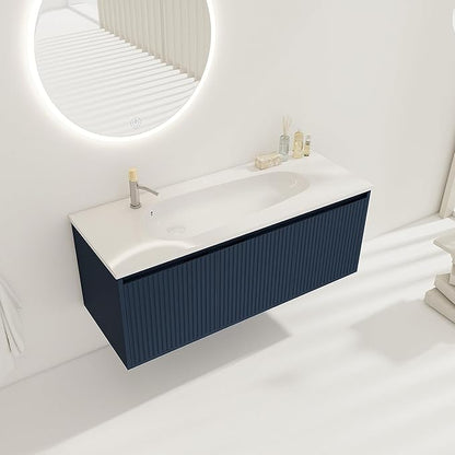 SSLine Modern 48" Floating Bathroom Vanity with Sink Wall Mounted Bathroom Vanity with Top Basin & Storage Cabinet Navy Blue Wood Hanging Vanity w/Drop-Shaped Resin Sink for Small Space