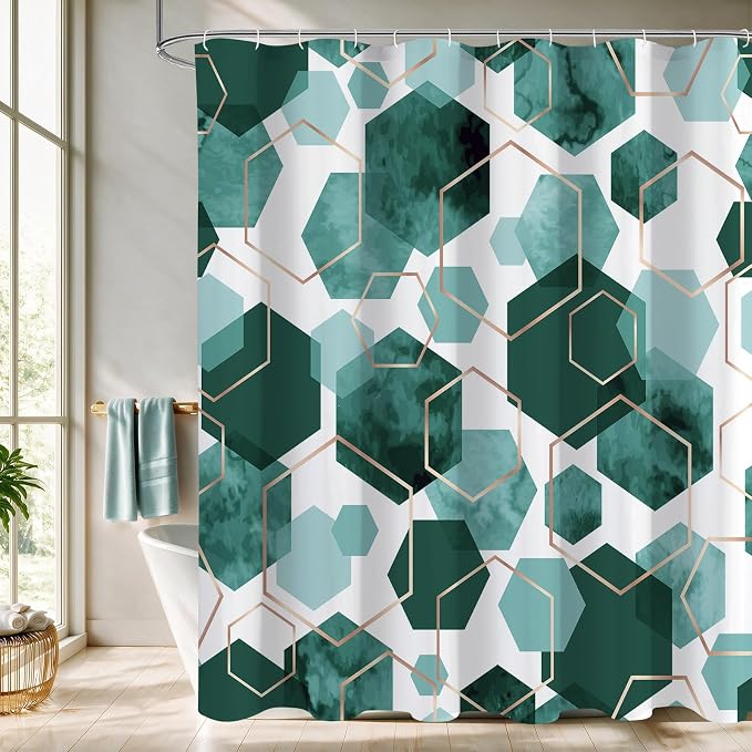 Litabel Long Shower Curtain for Bathroom, Geometric Bathroom Decor 72x78 | Long Modern Minimalist Shower Curtais, Dark Green Geometric Art Print Abstract Waterproof Bath Curtain